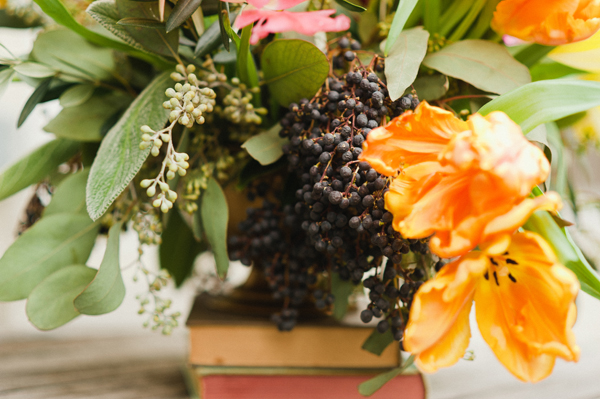 orange parrot tulips, privet berries