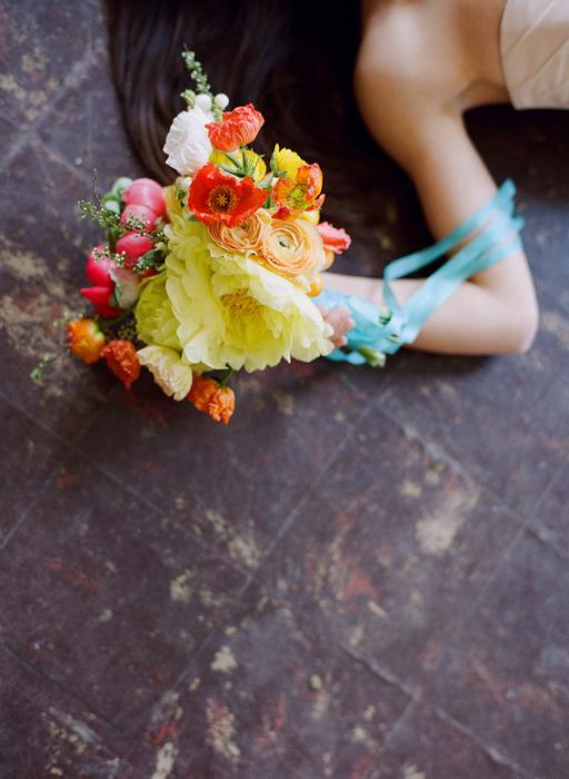orange poppies, ranunculus, yellow tree peony