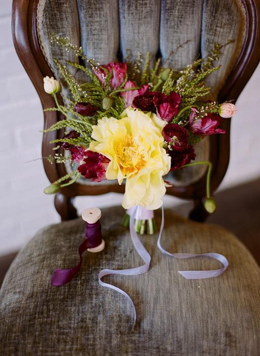 lavender ribbon, purple ribbon, peony bouquet