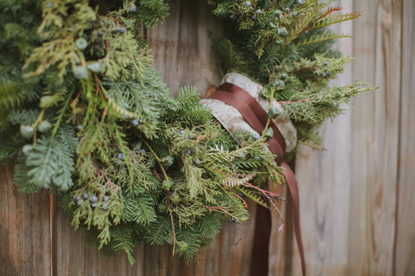 Holiday Wreaths with brown ribbon