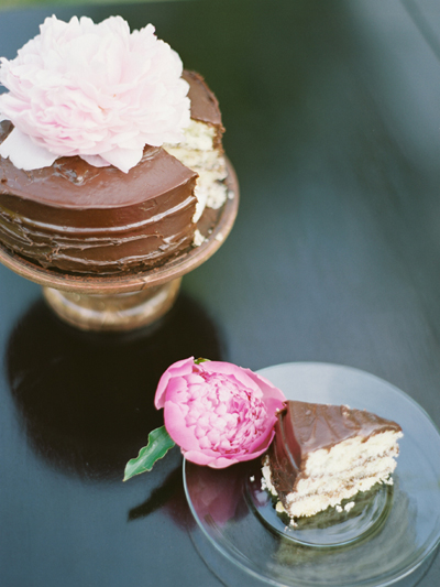 chocolate cake and pink peony