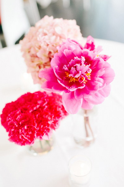 pink peony, pink carnations, pink hydrangea