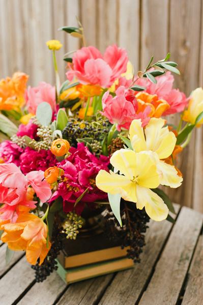 yellow parrott tulips, orange ranunculus