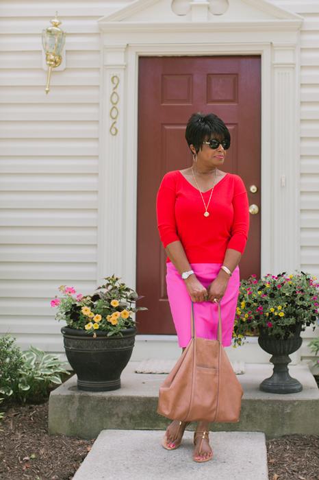 color blocking, red sweater and pink skirt