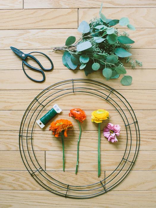 Seeded Eucalyptus, Zinnias, Ranunculus, Wire Wreath