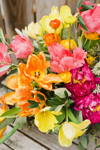 hot pink peonies, yellow ranunculus
