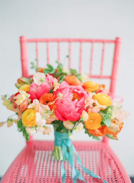 sping bouquet with blue ribbon