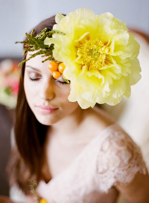 yellow peony, citrus, flower crown