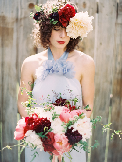 dolly pearl dress, peony bouquet