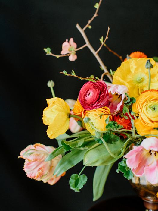 tulips, ranunculus and poppies centerpiece
