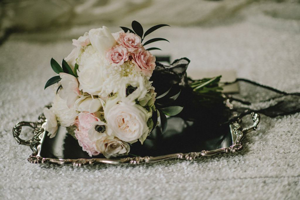 bouquet on silver tray