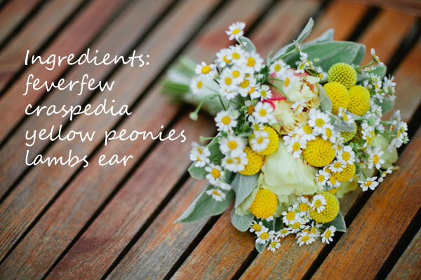 billy balls, yellow peonies, lambs ear, fever few
